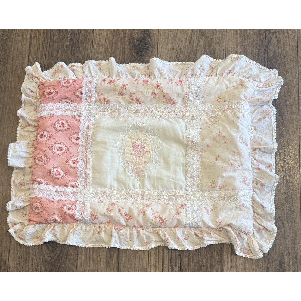 Amante Floral Patchwork Pillow Cover 31" Pink Lace Ruffle Cottagecore Shabby